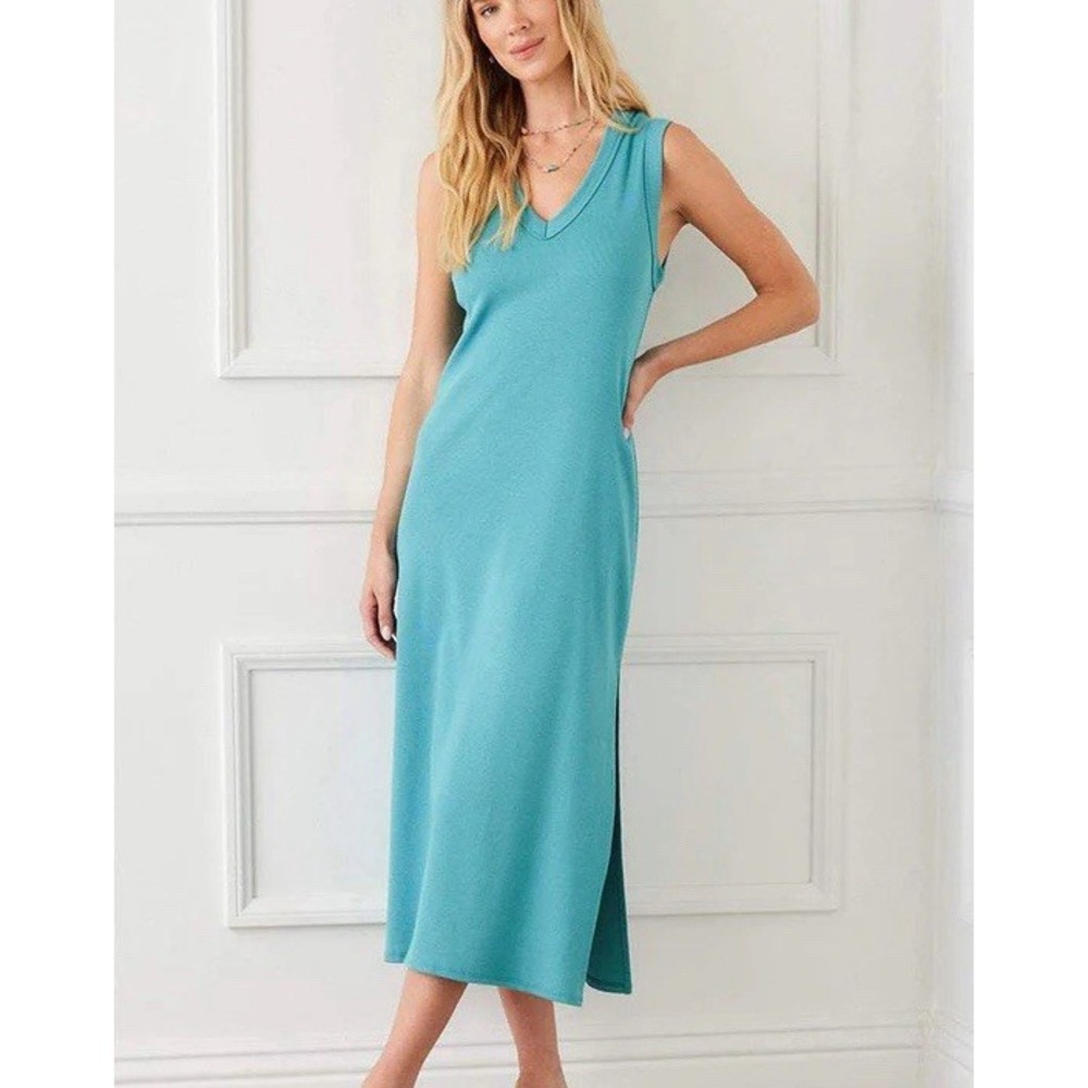 Karen Kane Women's‎ Dress Midi Column Ribbed V Neck Aqua Blue M Slit Sleeveless